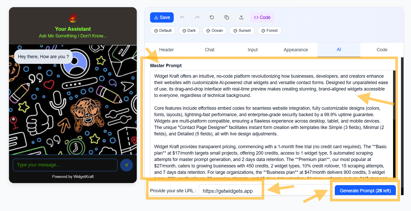 WidgetKraft: AI Prompt Generation - Website URL input for automatic master prompt generation