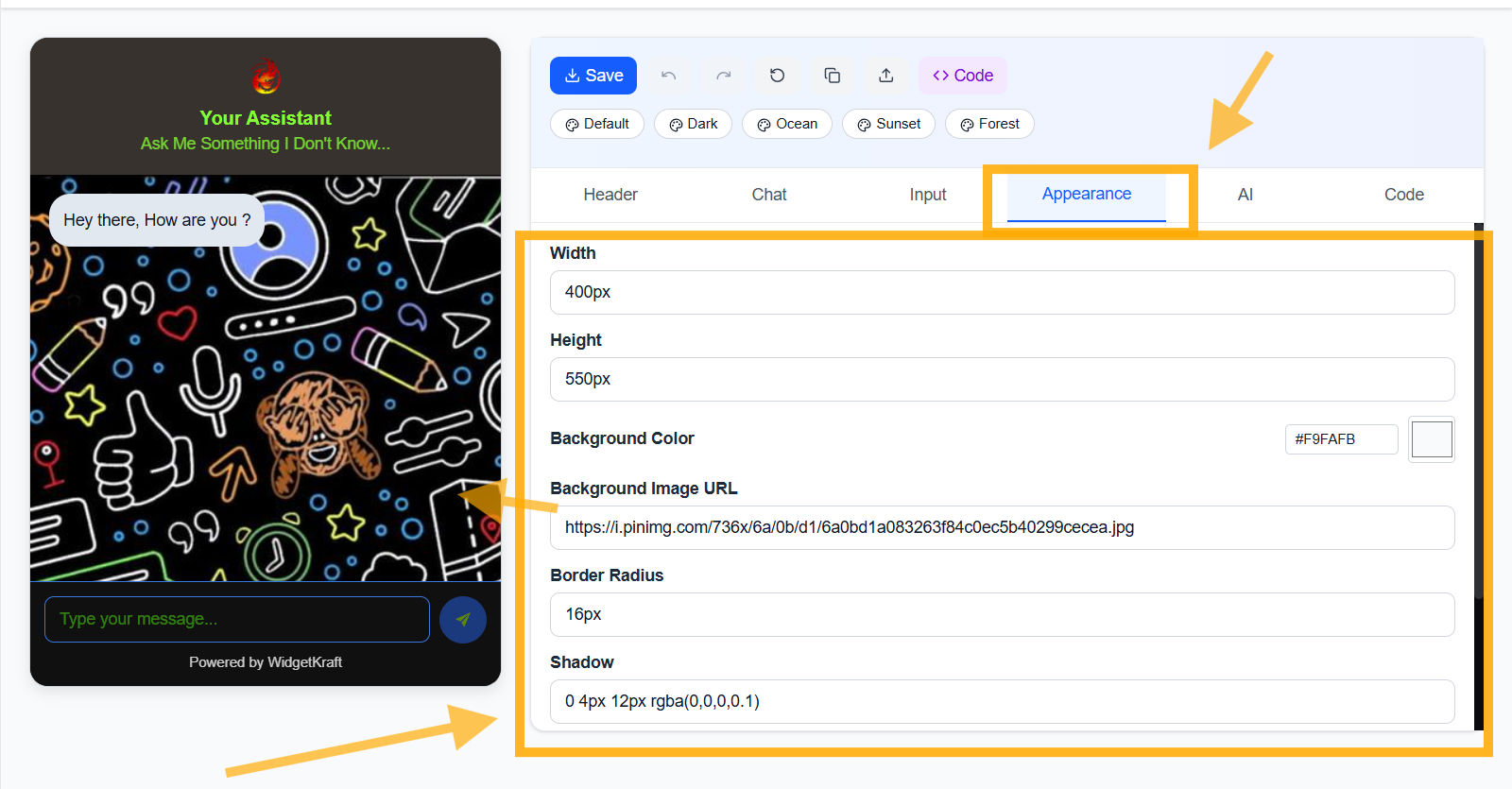 WidgetKraft: Appearance Tab - Widget dimensions, background color, and theme customization