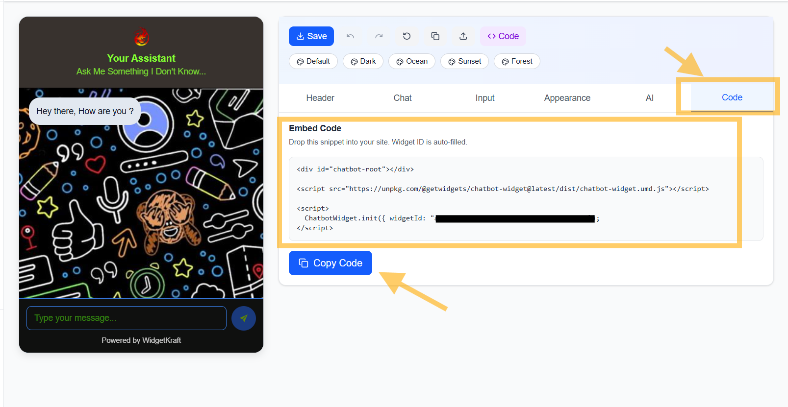 WidgetKraft: Code Tab - Embed code snippet with widget ID and integration instructions