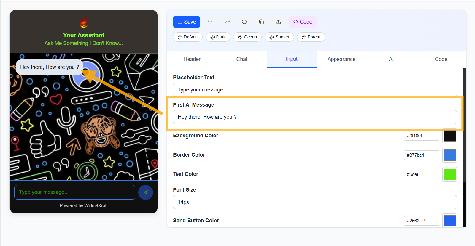 WidgetKraft: Input Tab - Styled input field with custom colors and placeholder text