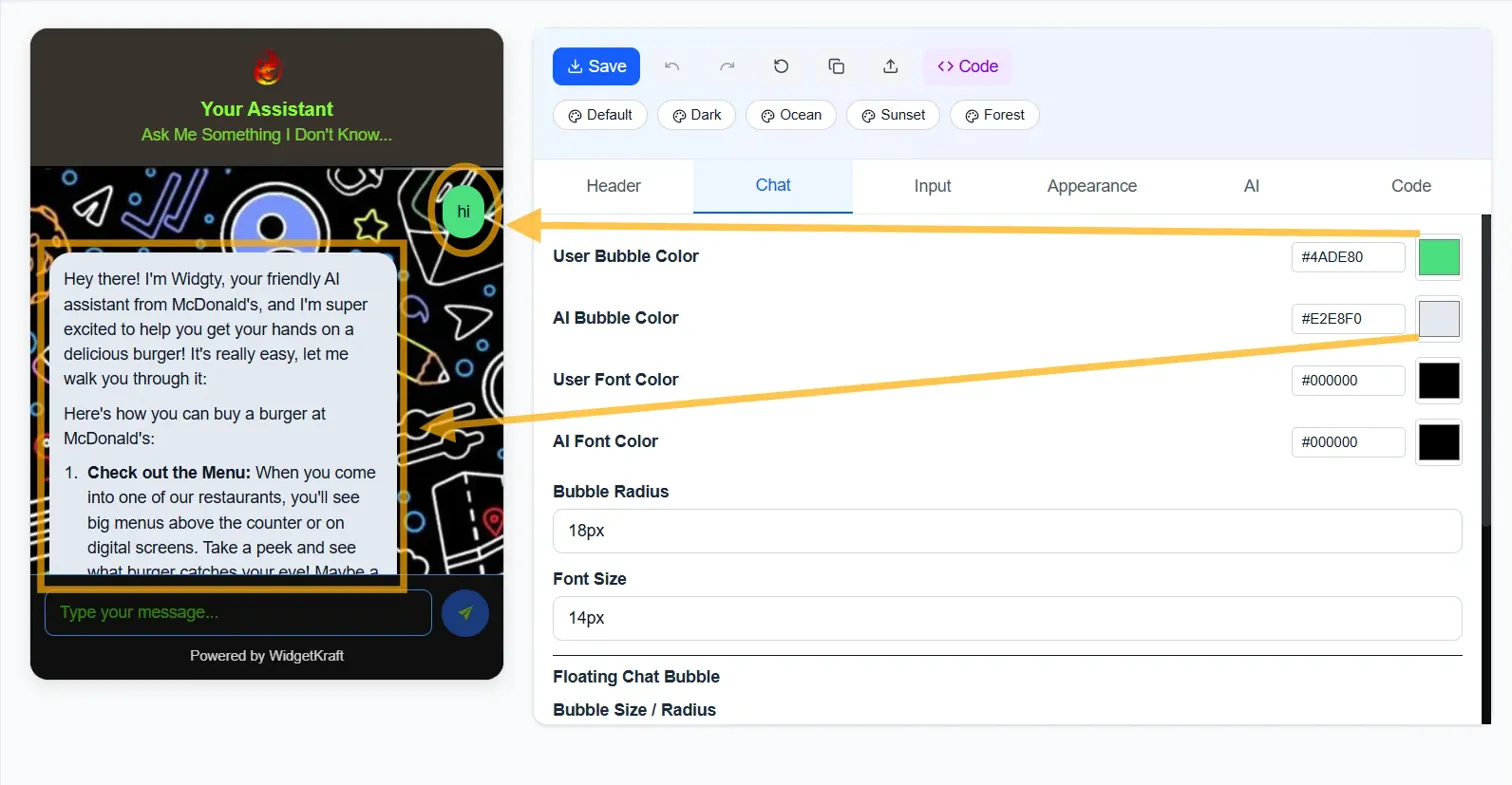 WidgetKraft: Chat Tab - Custom message bubble colors and fonts