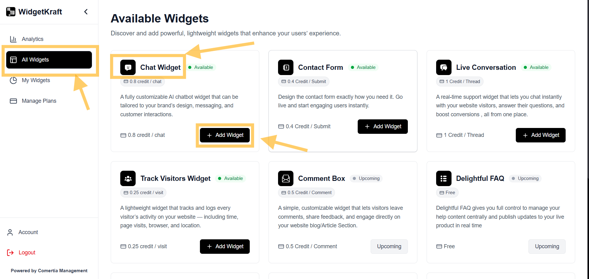 WidgetKraft: Creating an AI Chatbot Widget - Dashboard Selection