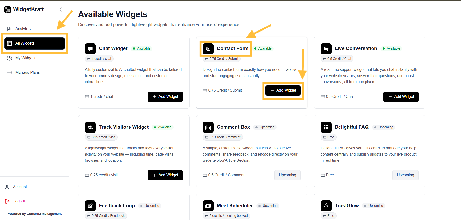 WidgetKraft: Creating a Contact Form Widget - Dashboard Selection