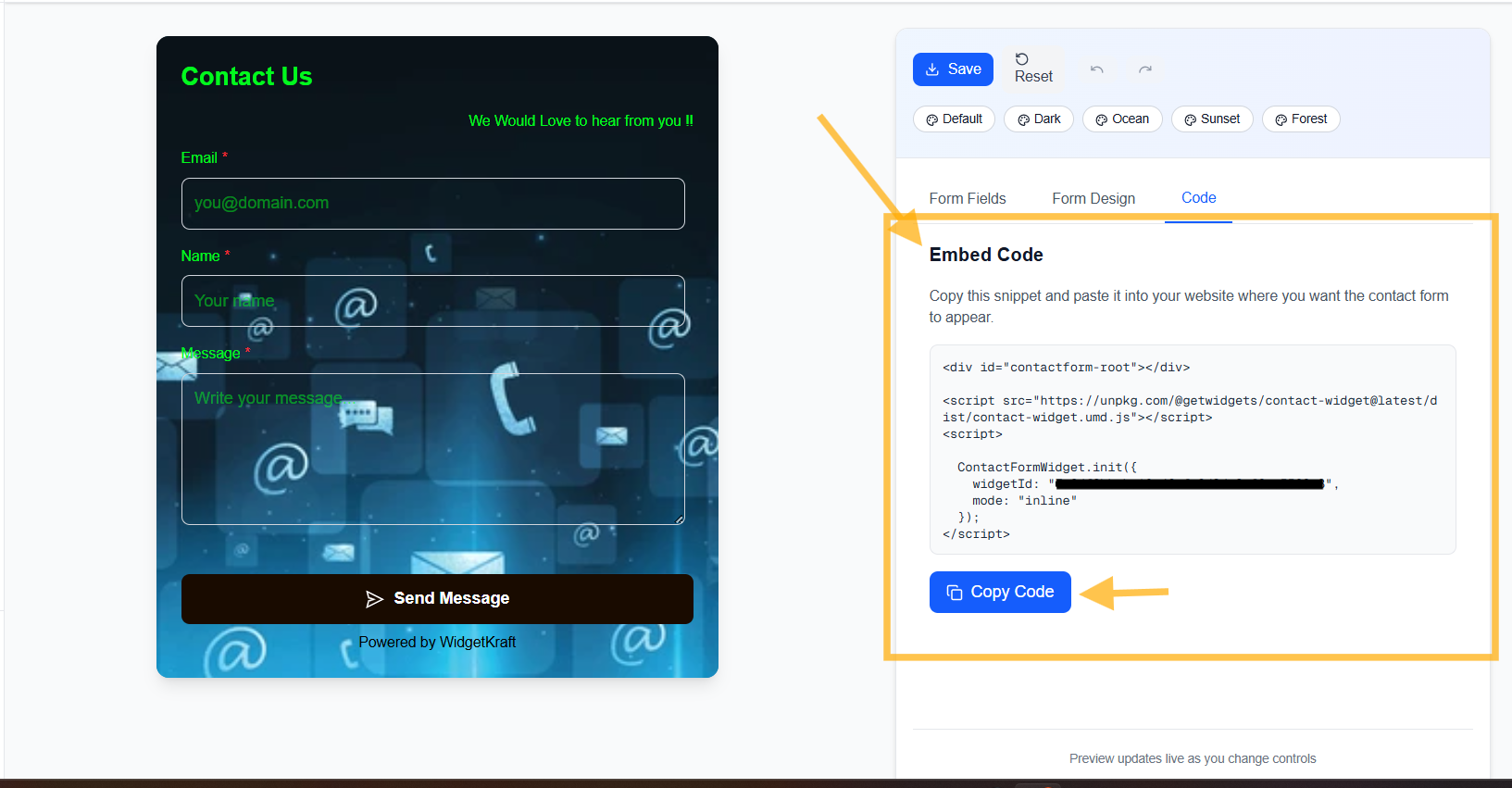 WidgetKraft: Code Tab - Embed Code with Copy Button