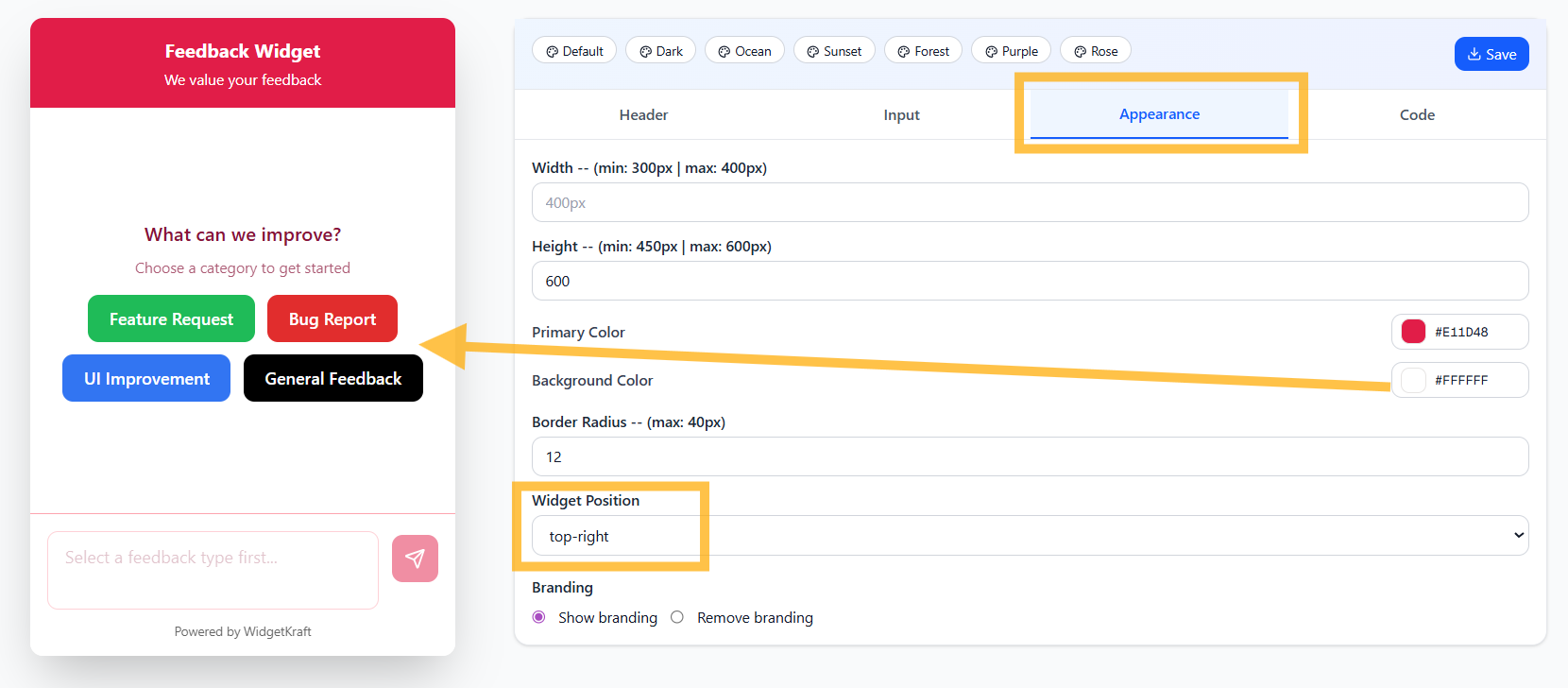 WidgetKraft: Complete widget with custom dimensions, positioning, and styling