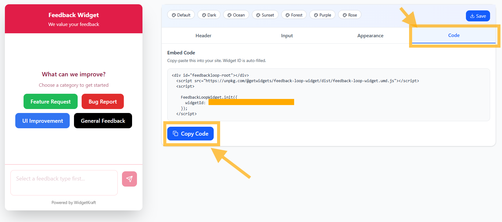 WidgetKraft: Code tab showing the embed snippet ready to copy