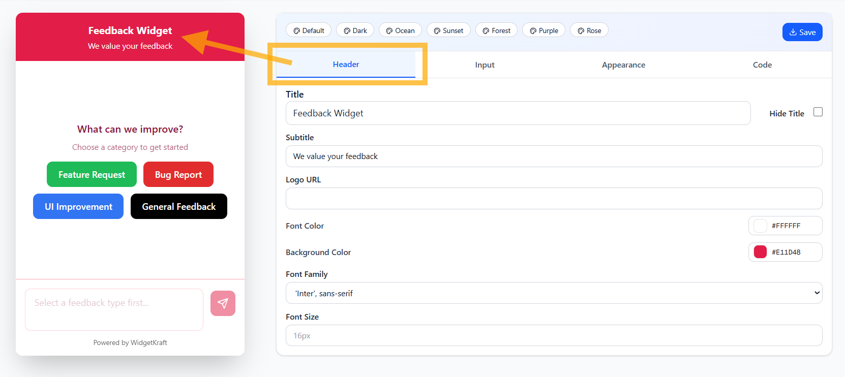 WidgetKraft: Feedback Loop header with custom title, subtitle, and color scheme