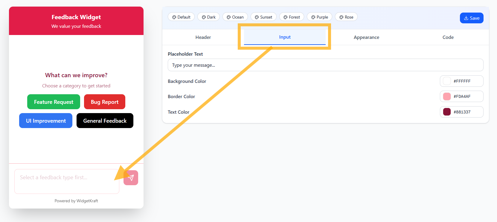 WidgetKraft: Styled input field with custom colors and placeholder text