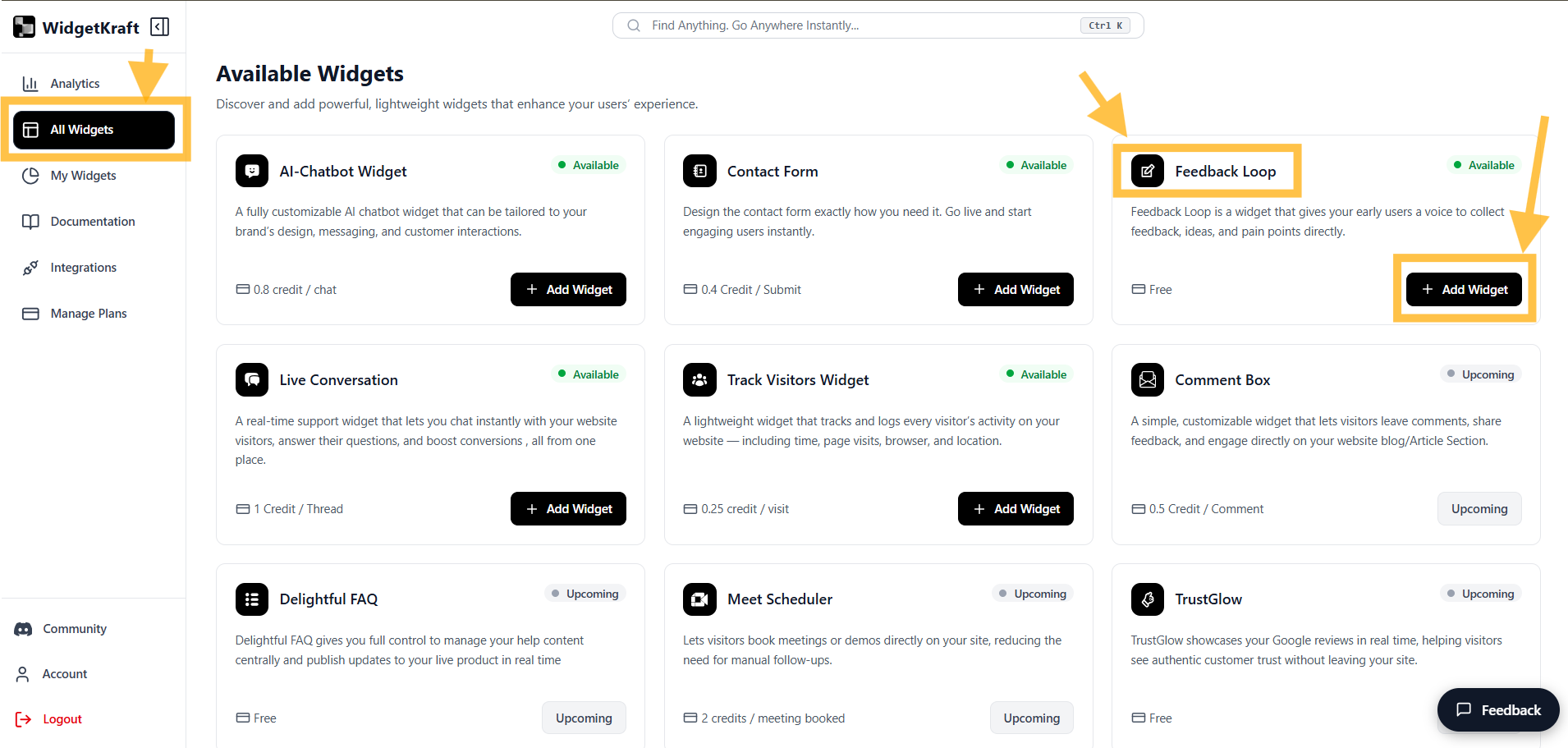 WidgetKraft: Dashboard showing how to activate Feedback Loop widget