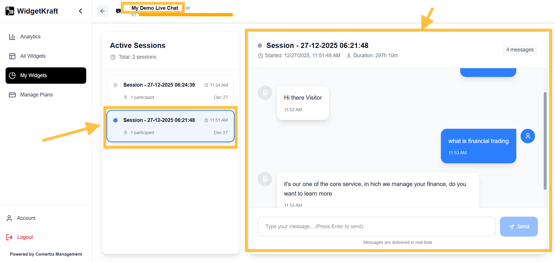 WidgetKraft: Admin Dashboard - Active sessions and conversations