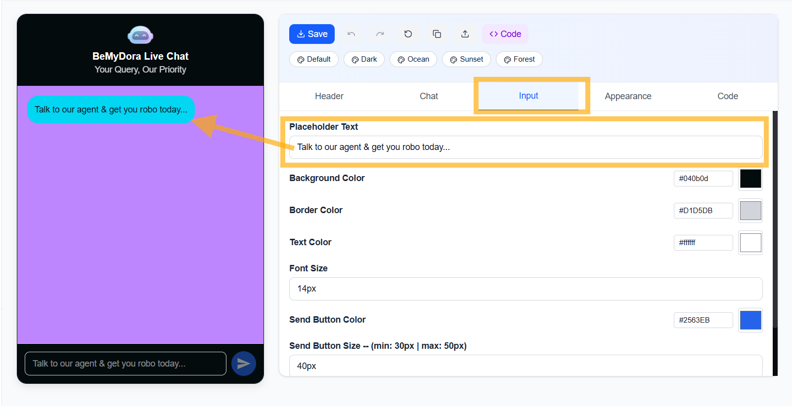 WidgetKraft: Input Tab - Message input field configuration