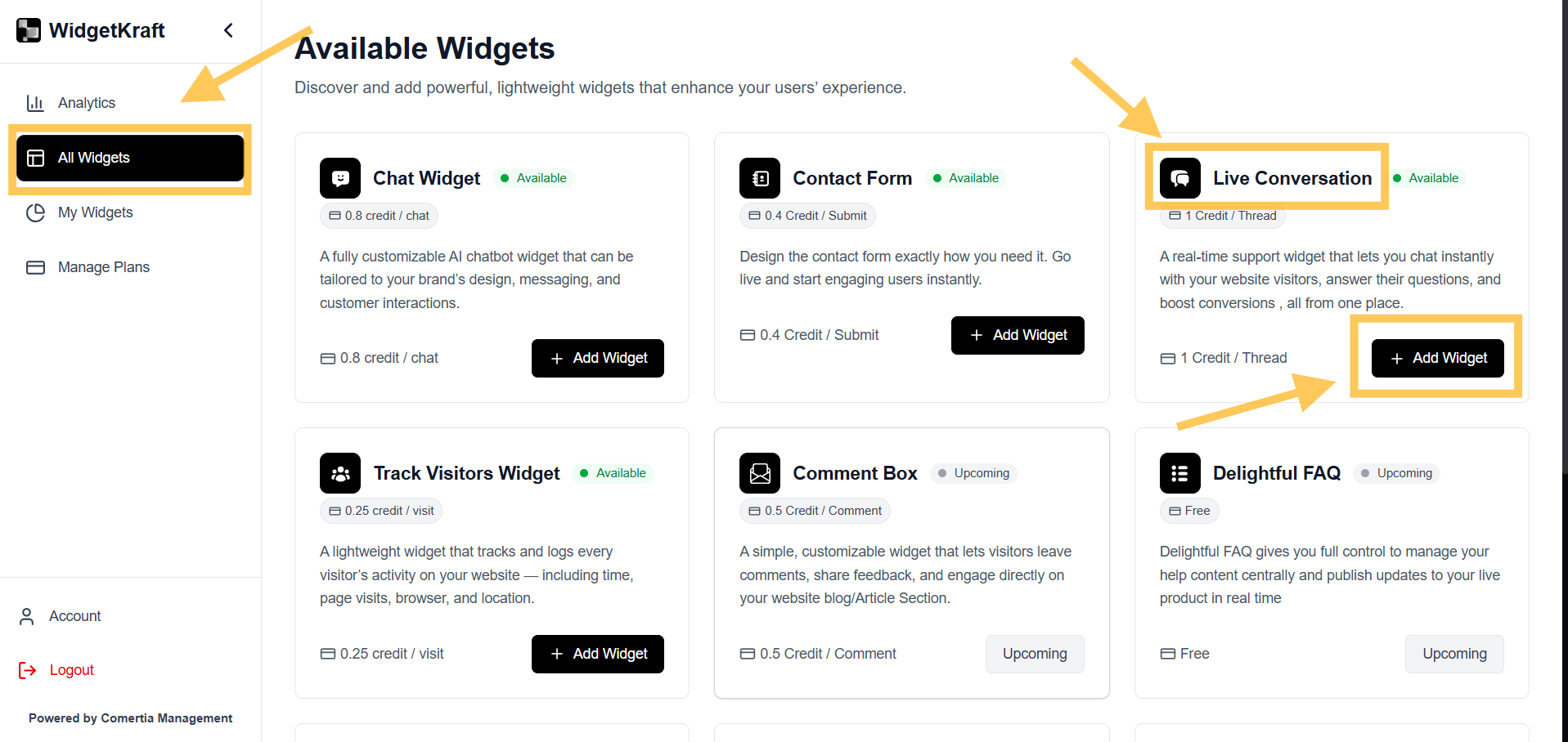 WidgetKraft: Creating a Live Conversation Widget - Dashboard Selection