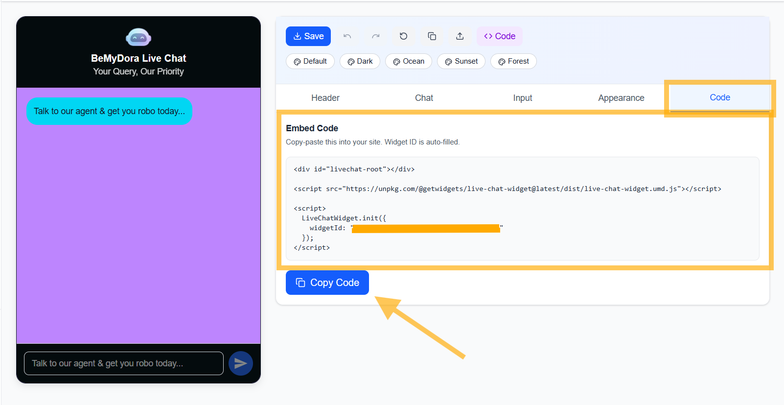 WidgetKraft: Code Tab - Embed code snippet with widget ID
